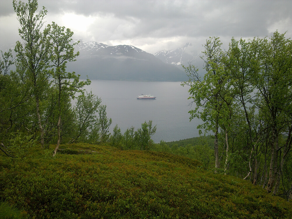 På tur ned ser man hurtigruta på nordgående.
