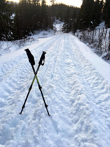 Traktor og skispor etter skogsveien.