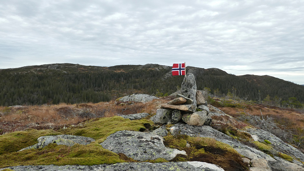Flagget til topps på Hundheia varden.Kjelsheia bak.