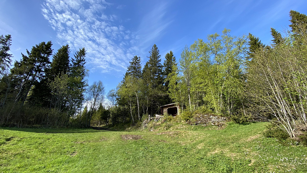 Gapahuken ligger i enden av et stort jorde.Ideelt for jakt her noe som viser seg i gapahuken med flere gevir oppe på veggene.