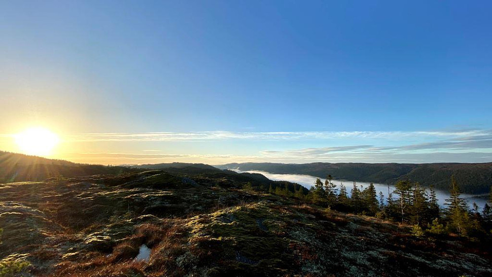 Tåka ligger tykk nede i Skaudalen enda.