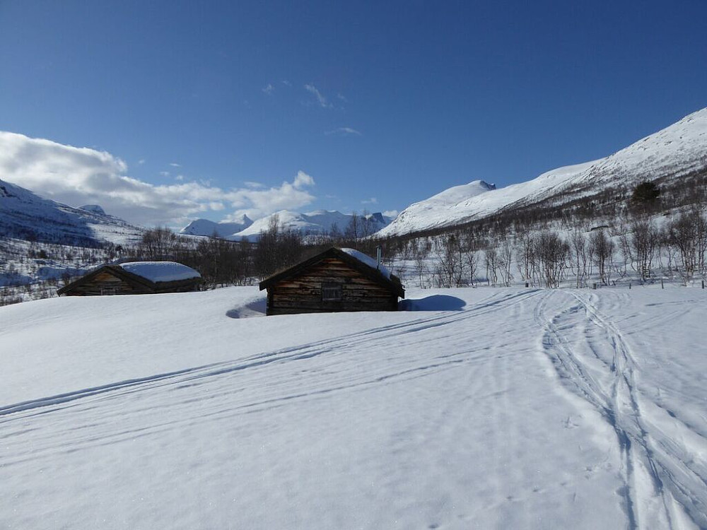 Vakkert, egentlig turens vakreste stund. Og turens høydepunkt er nettopp overstått, en herlig skrensekjøring i stort sett avslappet tilstand nedover og langsetter lia. Toppen erter med knallvær rett over seg nå...