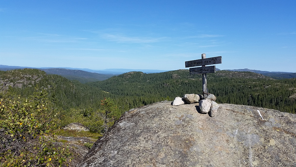 Storslagen utsikt til Gaustatoppen, Blefjell, Lifjell, og mange andre fjell laangt i det fjerne.