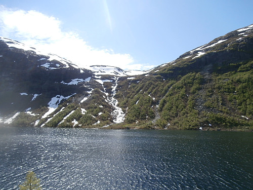 Vestsida av Slondalsvatnet der eg gjekk ned på nordsida av bekken om kvelden.