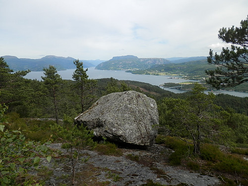 Et av få utsiktspunkt gjennom skogen. Her ses Hjelmelandsfjorden med Randøybrua t.h.
