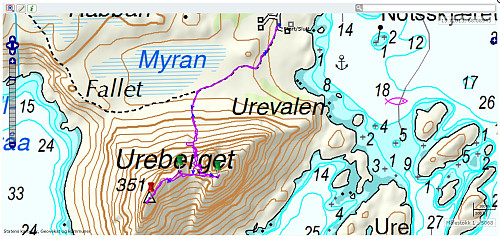 Turen på Ureberget. Vi byrja klokka 15.02, og brukte 1 time og 45 minuttar. Turen var på 3,5km og vi gjekk omlag 370 høgdemeter.