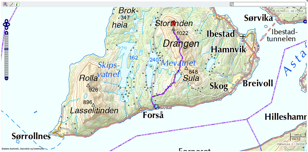 Turen til Stortinden på Drangen. Bilde av Kristine sitt GPS-spor.
6t 18min - 16,1km - 1117hm