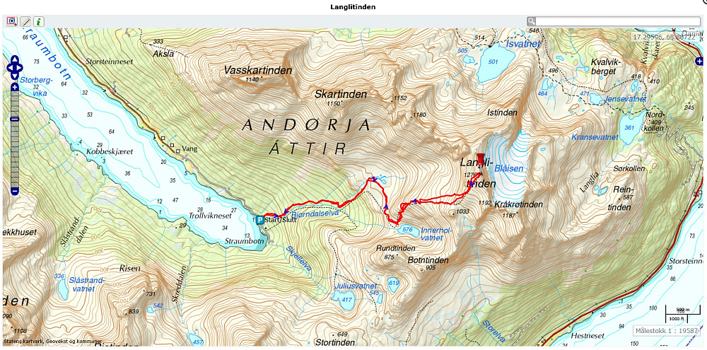 Turen på Langlitinden. Bilde av GPS-sporet til Kristine.
6t 32min - 11,2km - 1300hm