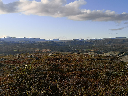 Kalvehøgda/Rasletind til venstre, Besshøe i midten og Gråhøe til høgre