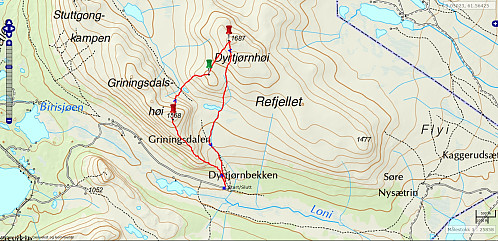 Turen på Gringsdalshøi og Dyrtjørnhøi. 10,1 km - 997 hm - 4 t 11 min