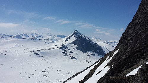 Bak til venstre for Mjølkedalstind og Olavsbunuten ligger Sagi, Mjølkedalspiggen, Uranostinden og Langskavltinden.  