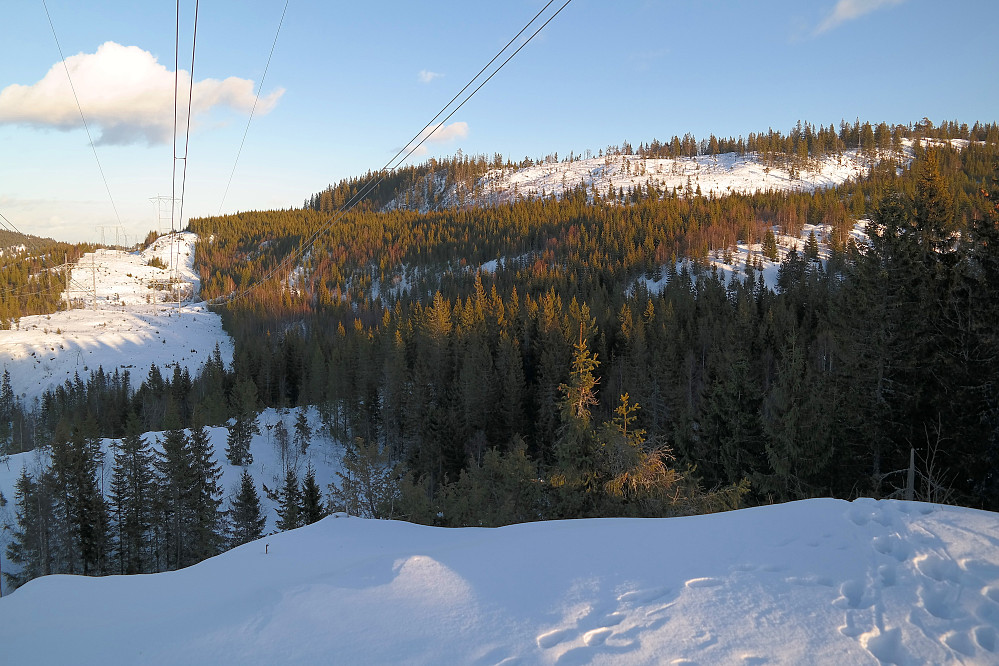 07.02.2015 - Rognkleivåsen (600) til høyre, sett fra skiløypa under høyspentlinja rett vest for toppen.