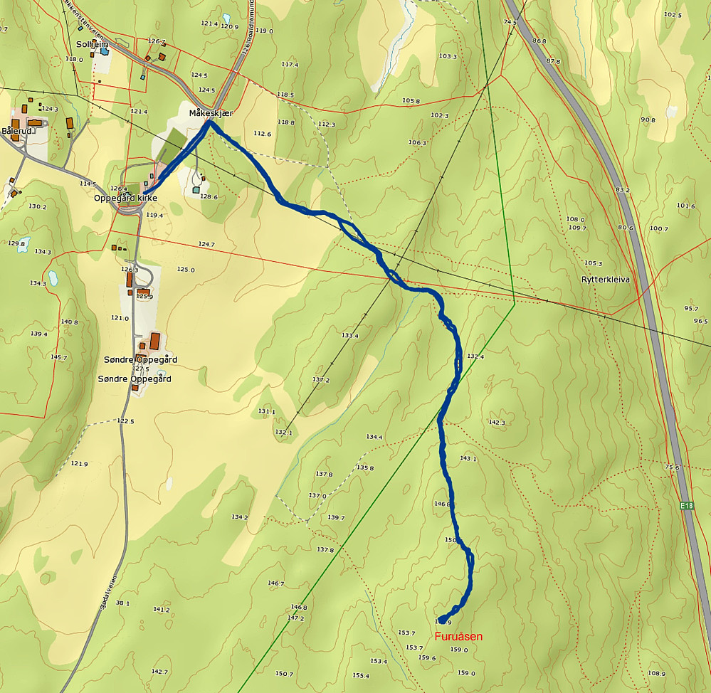 18.02.2015 - Ruta jeg gikk til Furuåsen (164) med start fra Oppegård kirke. Jeg gikk nøyaktig samme vei fram og tilbake, selv om GPS-sporet antyder noe annet noen steder... 