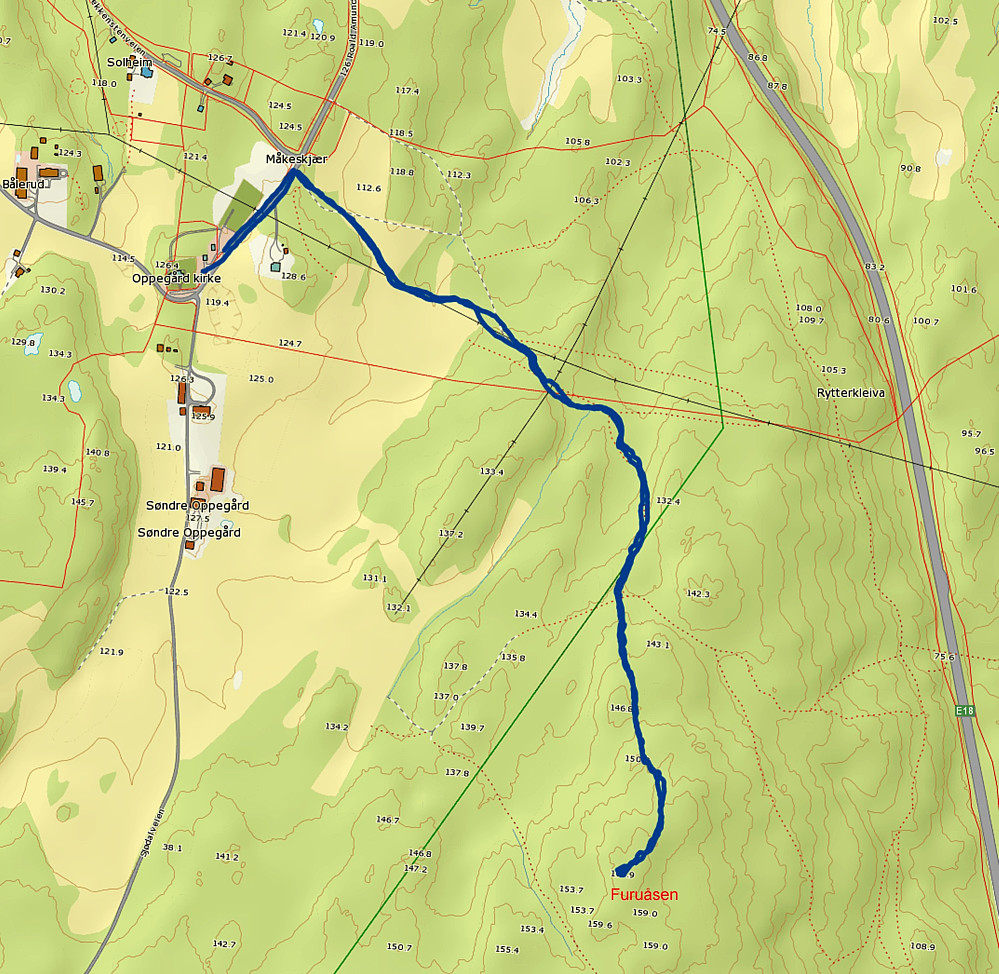 18.02.2015 - Ruta jeg gikk til Furuåsen (164) med start fra Oppegård kirke. Jeg gikk nøyaktig samme vei fram og tilbake, selv om GPS-sporet antyder noe annet noen steder...