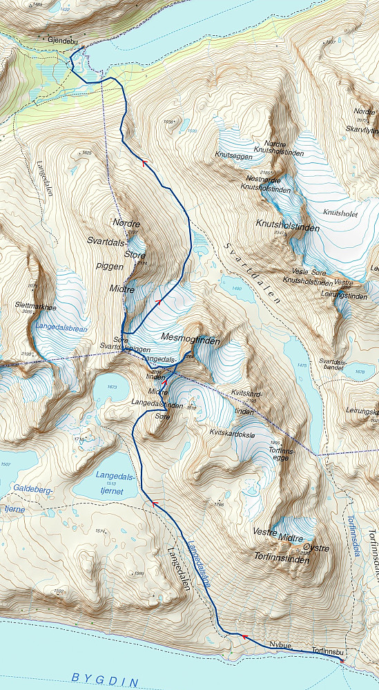 22.07.2000 - Den tykke, mørkeblå streken er ruta vi gikk. (Kartkilde: www.norgeskart.no)