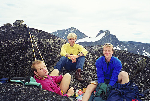 23.07.2000 - På Nestnørdre Slettmarkhøe (2086). I bakgrunnen, midt i bildet, ses Mesmogtinden (2264). Bak til høyre er Langedalstinden (2206).