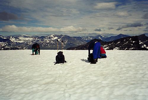 23.07.2000 - På den flate og snødekte toppen av Slettmarkhøe (2190). Bildet er tatt mot nordøst.