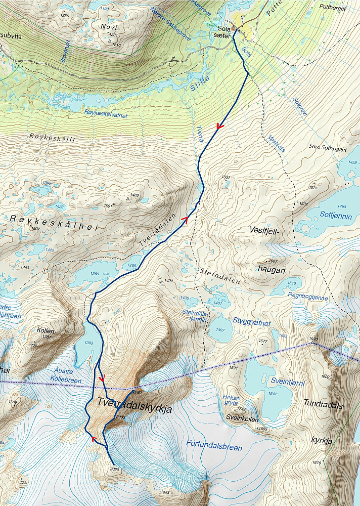 13.09.2000 - Mørkeblå, tykk strek er ruta vi gikk. (Kartkilde: www.norgeskart.no)