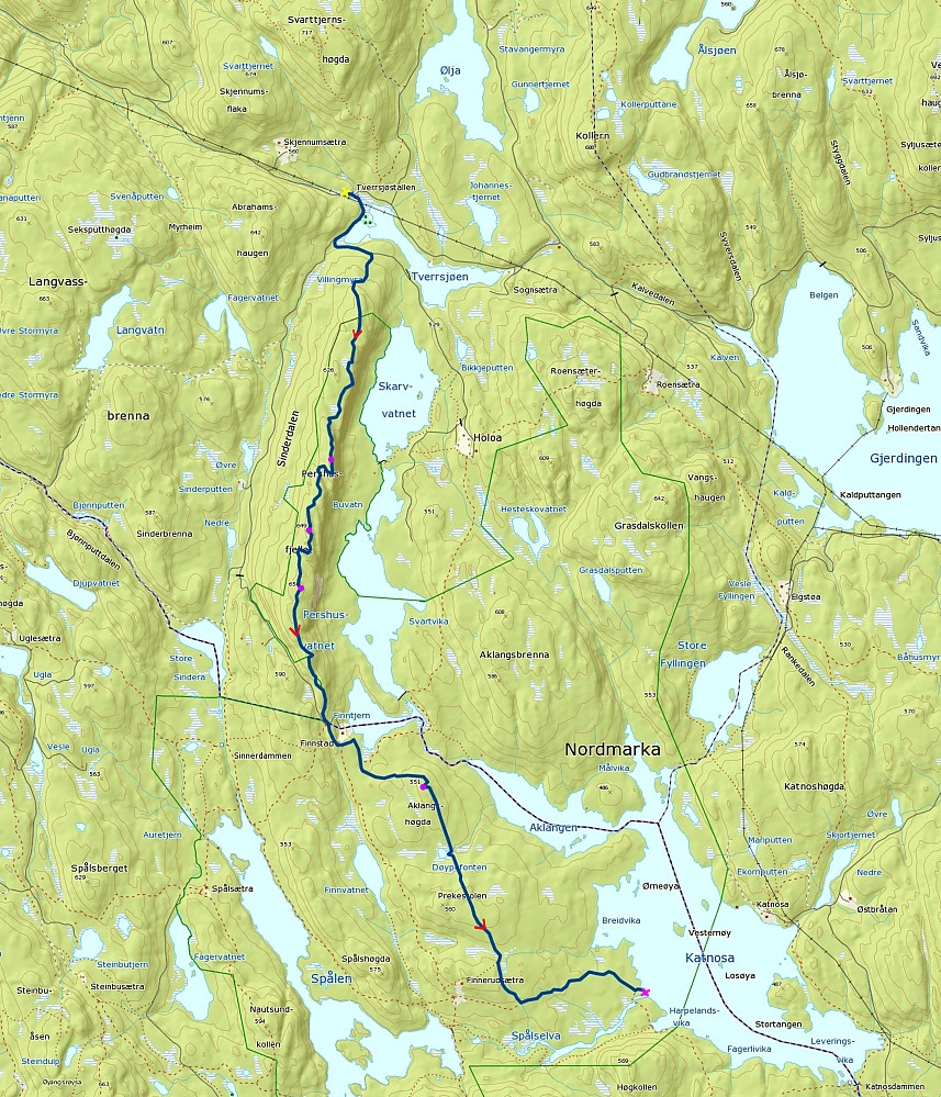 23.05.2015 - Den tykke, mørkeblå streken er ruta vi gikk. (Kartkilde: www.norgeskart.no)