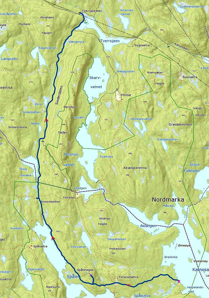 24.05.2015 - Den mørkeblå, tykke streken er ruta vi gikk. (Kartkilde: www.norgeskart.no)
