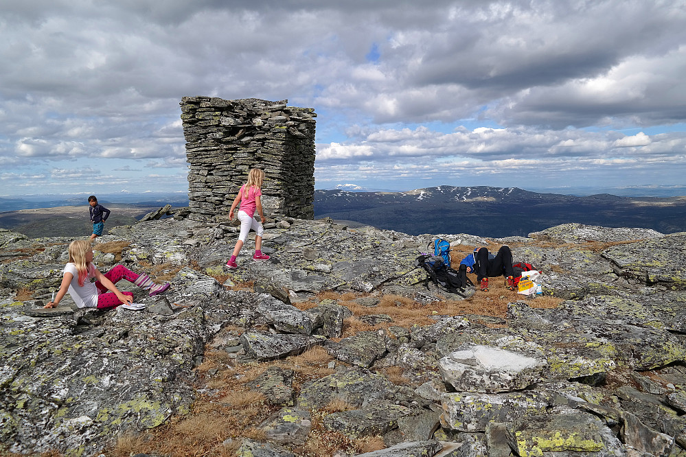 20.06.2015 - På toppen av Store Kvia (1350). Langt bak, like til høyre for toppvarden, ses Sølen (1755).