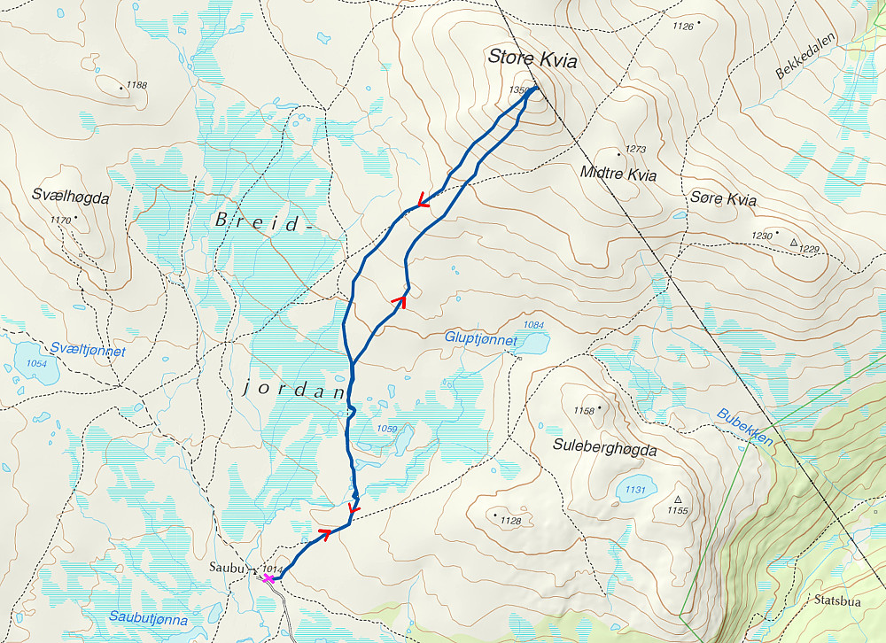 20.06.2015 - Vår rute til Store Kvia (1350) fra teltleiren, som er markert med et rosa kryss. 