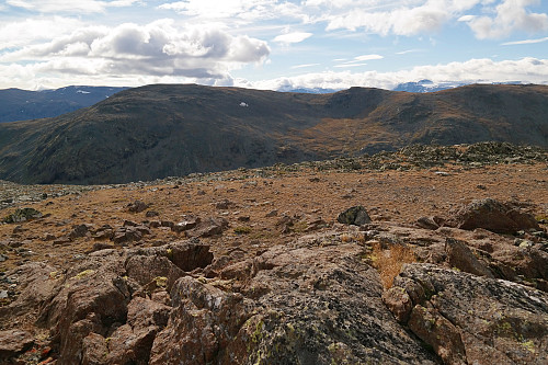 18.09.2015 - Rødlig bakke og stein - nesten så jeg fikk litt følelse av å være på mars. Bak til venstre er Griningsdalshøe (1568). Jeg passerte like til venstre for snøfonna i flanken til høyre under toppen.