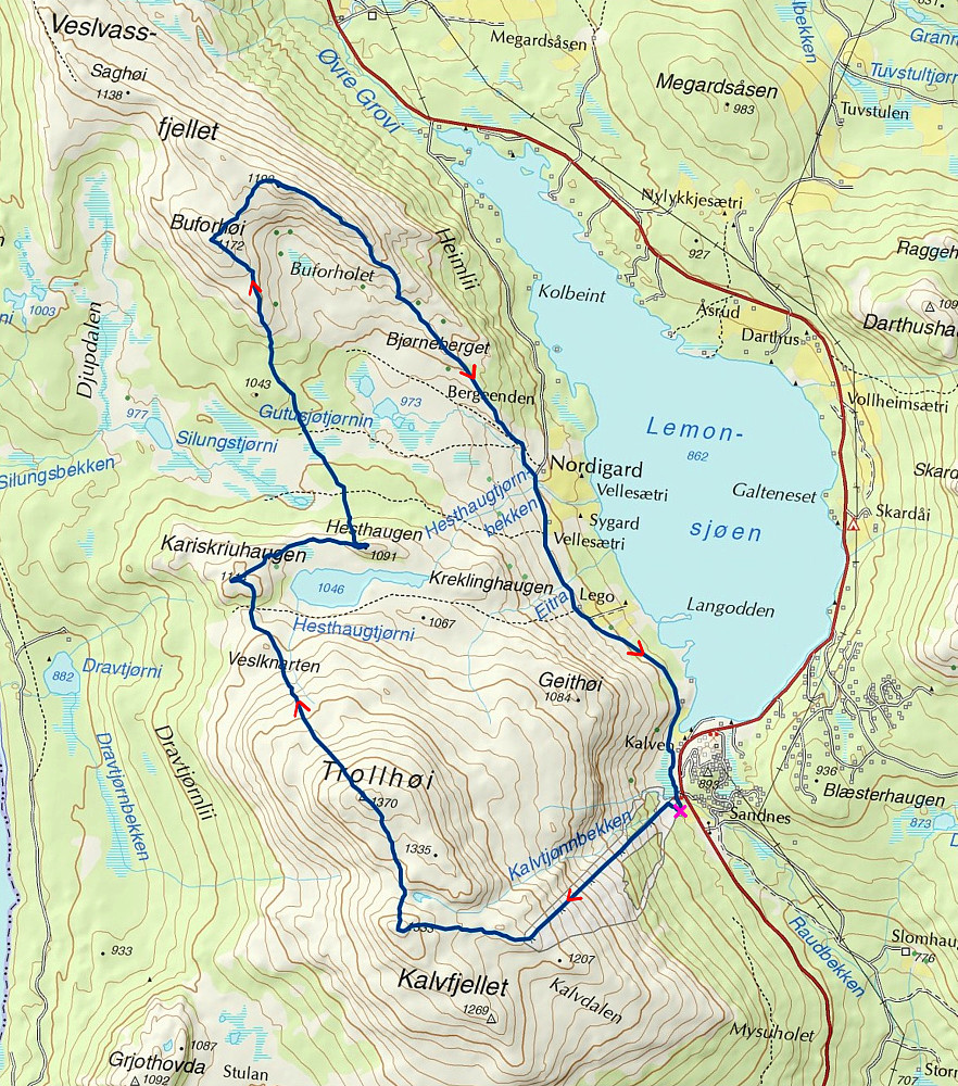 20.09.2015 - Den tykke, blå streken er ruta jeg gikk. Rosa kryss nede til høyre markerer hvor bilen sto parkert.