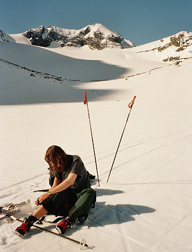 20.04.2002 - Tverråbrean nærmer seg bak, med dagens hovedmål, Nørdre Bukkeholstinden (2149), i midten. Omtrent her snudde Grete, og jeg gikk videre alene.