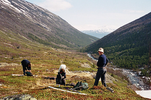 09.05.2002 - Vi har kommet et lite stykke oppover i Lundadalen og ser tilbake mot Heimaste Lundadalsætre, som er temmelig sentralt i bildet.