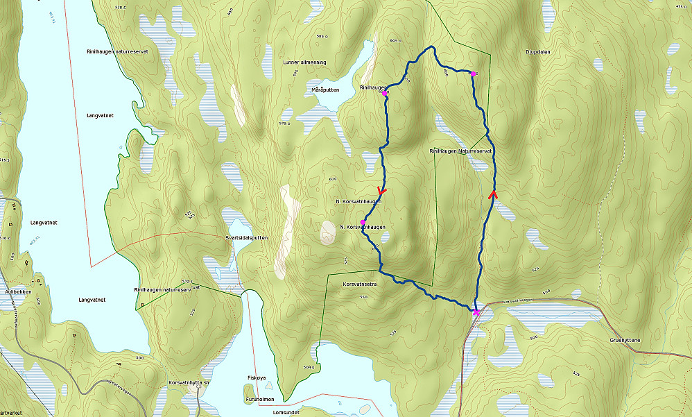 02.11.2015 - Den mørkeblå, tykke streken er ruta jeg gikk. Rosa kryss markerer hvor jeg parkerte. (Kartkilde: www.norgeskart.no)