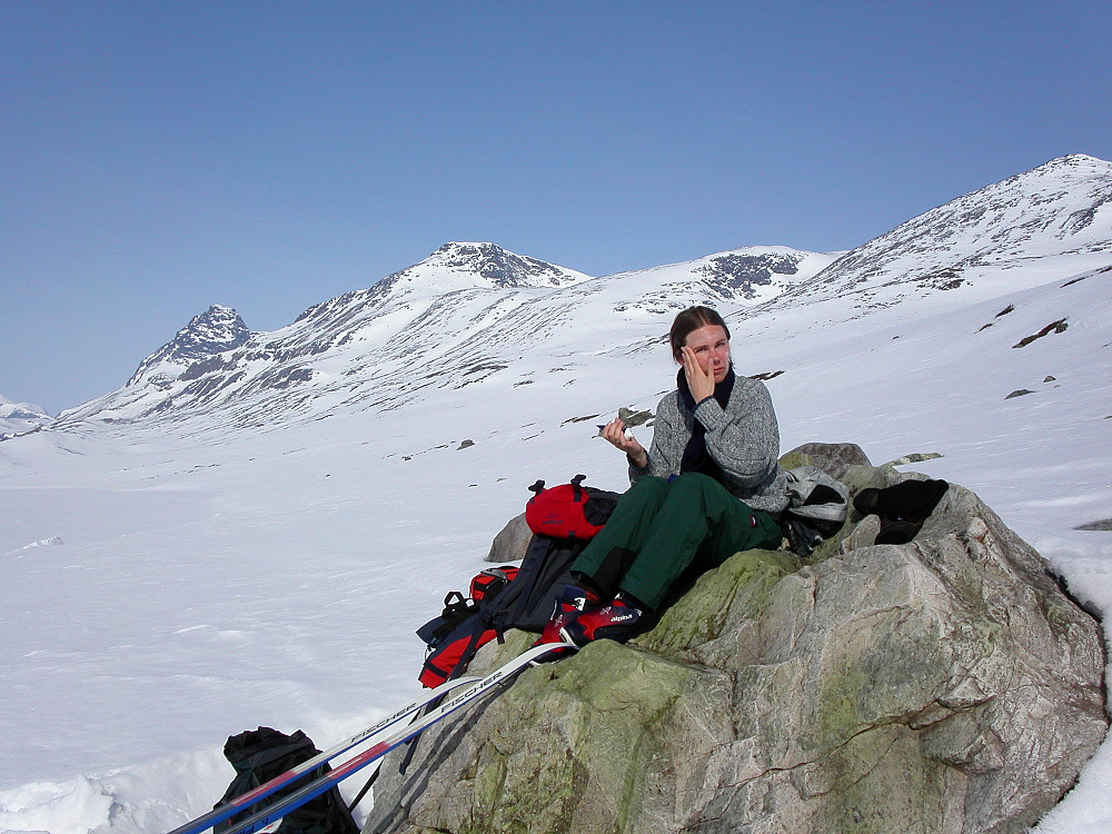 16.04.2003 - Viktig med solkrem på sånne fantastiske påskedager. Nørdre Kalvehølotinden (2019) ses bak, omtrent midt i bildet. Til venstre og lenger bak er Øystre Torfinnstinden (2120).