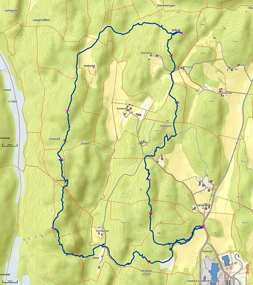 06.02.2016 - GPS-sporet lastet opp på Norgeskartet. Rosa kryss viser parkeringen. 