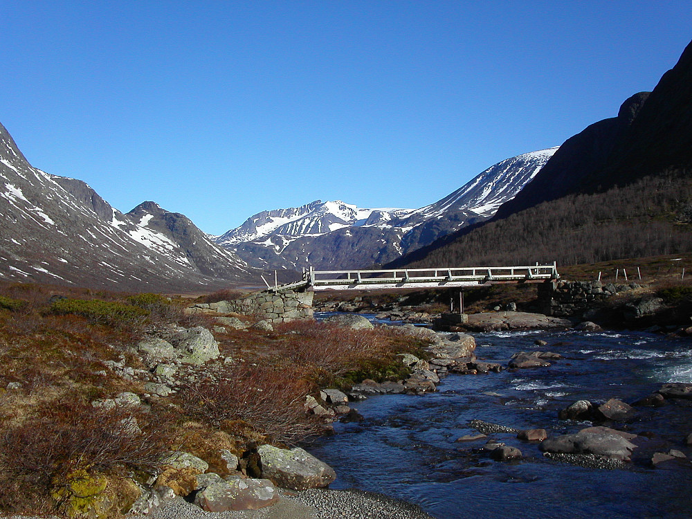 30.05.2004 - Vår blir til sommer ved Leirungsåe bru nederst i Leirungsdalen. Langt bak midt i bildet, er Surtningssue (2368).