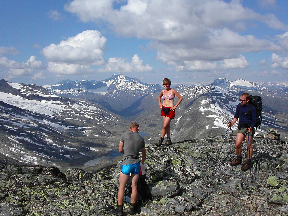 01.08.2004 - Vi er på vei opp nordvestryggen på Mjølkedalstinden (2138). Utsikt mot vest. Dalen bak midt i bildet, er Skogadalen. Hurrungane dominerer bakgrunnen til venstre.