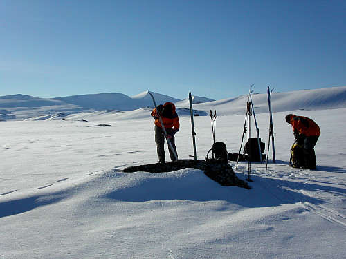 24.04.2005 - Vi har kommet opp til Søre Sothogget. Her tok vi av skifellene og la på litt voks i stedet. Høyeste topp langt bak midt i bildet, er et av dagens mål: Vestre Holåtinden (2039).