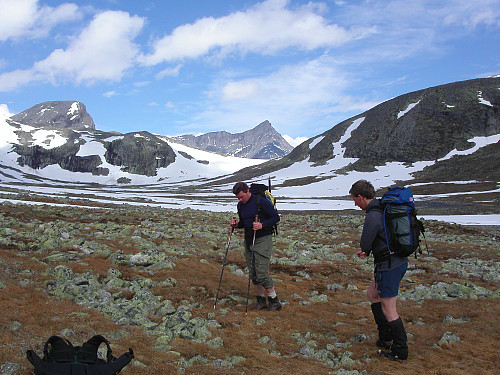 02.07.2005 - Morten og Kim skulle denne dagen opp på Bruri (2001), som ses helt til venstre i bildet. Bak midt i bildet er Store Langvasstinden (2085).