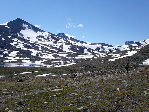 24.07.2005 - Morten rusler sørover mot Semeldalsmunnen, på stien Leirvassbu-Olavsbu. Den pyramideformede Skarddalstinden (2100) er oppe til venstre. Dagens hovedmål, Store Rauddalseggje (2168), er nå synlig lengre bak, nesten midt i bildet.