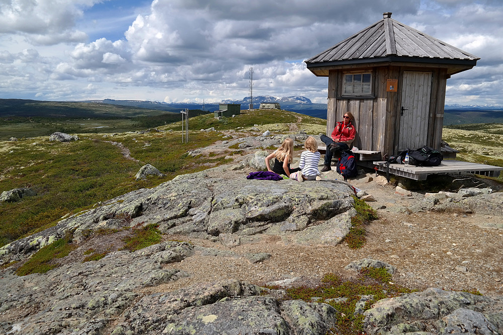 08.07.2016 - På Tjørnåsen (1167). Kulen bak med masta og diverse byggverk, er Tjørnåsen Nordvest, som er rundt 1 meter lavere. Langt bak midt i bildet, er Hallingskarvet.