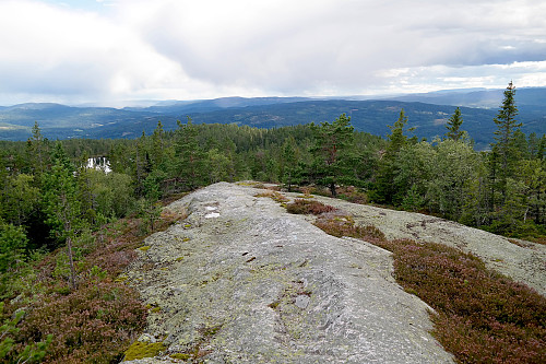 Stien nedover fra Flæa (682) følger øverst en rygg som er preget av svaberg. Vannet som ses nede til venstre er Trytetjenn. Utsikt sørover.