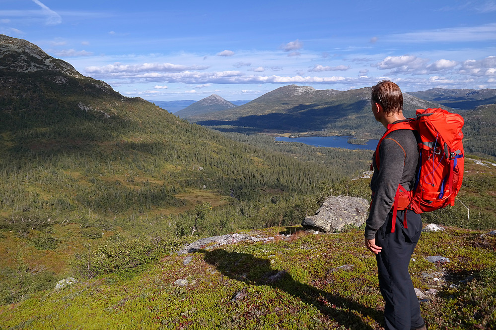 Øyvind skuer østover mot Slåkådalen og Slåkåvatnet. Langt bak og litt til venstre er Himingen (1066). Noe nærmere og litt til høyre for midten er Slettefjell (1180).