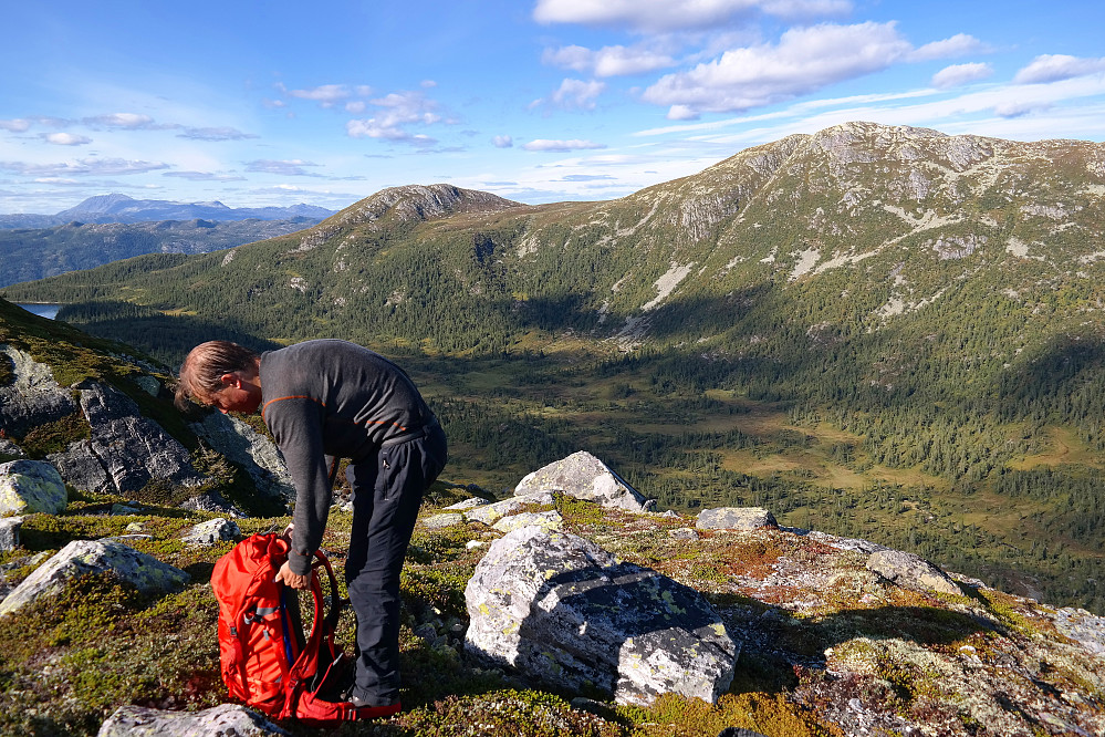 Pause i den hardeste motbakken denne dagen. Nedenfor er Londalen. Toppen oppe til høyre er Blåtjønnfjell (1260). Langt bak og helt til venstre, ses Gaustatoppen (1883).