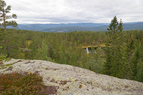 Rundt 100 m sørvest for toppen av Røvsåhøgda er det god utsikt mot V/NV. Andersnatten (733) ses i bakgrunnen til venstre med det høye stupet.