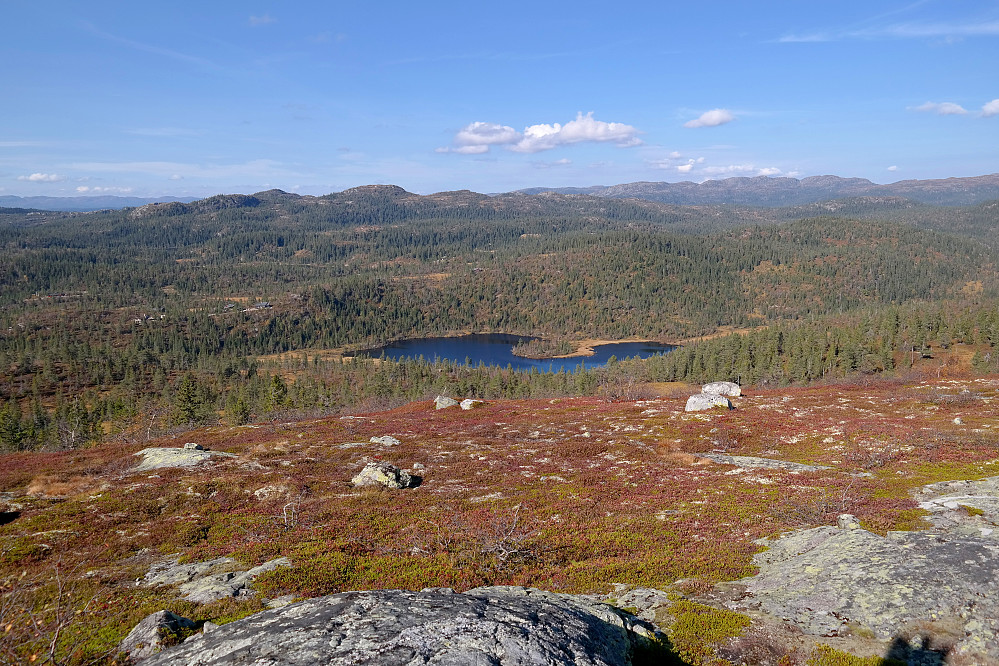 Utsikt mot nordvest fra Nedalsfjellet (881). Innsjøen midt i bildet er Trettetjenn. Toppene lenger bak til venstre er Venlifjella