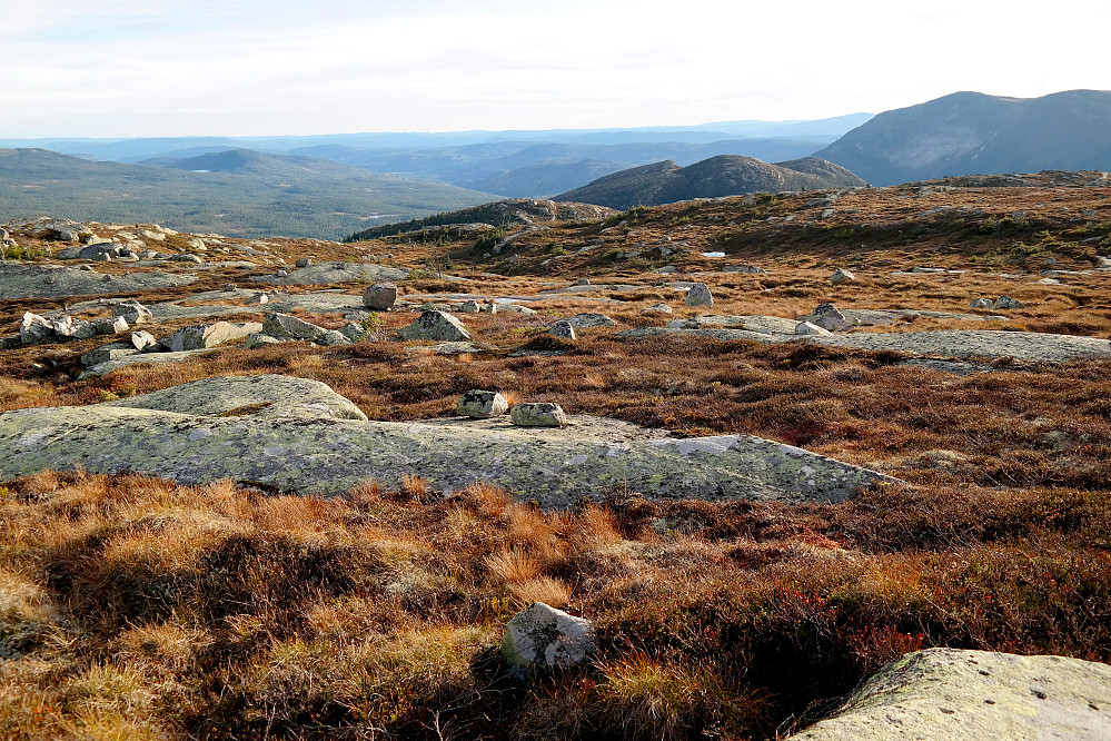 Vi er på vei opp til Gyranfisen (1127). Her med utsikt mot sørvest. Sandvasskollen (937) stikker opp nede til høyre, hvor den høyeste er i midten av de 3 toppene. Helt til høyre i bildet, og noe lengre bak, ses Bukollen (1121).