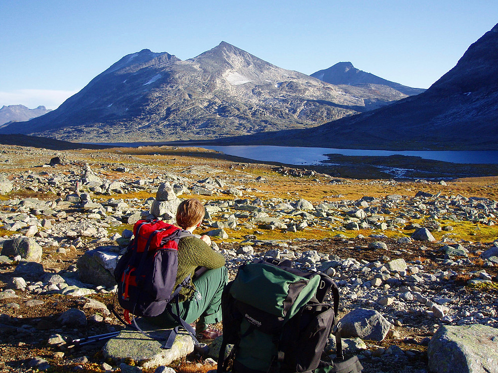 Fra returen, hvor vi unnet oss en liten pause på stien like ved utløpet av Øvre Høgvagltjønne, og tok et tilbakeblikk mot den pyramideformede Skarddalstinden (2100), som nå var ”vår”. Til venstre Skarddalseggje (2159), mens Store Rauddalseggje (2168) er lenger bak til høyre.