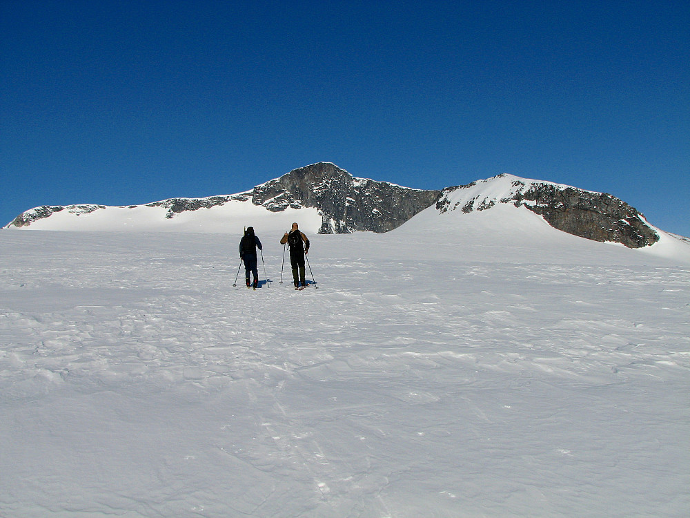 Roger og Erik vandrer oppover Tverråbreen med Bukkehøe (2314) i bakgrunnen midt i bildet.