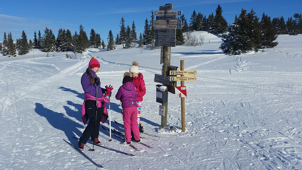 Pause i Raudtjørnskrysset, rett nord for Raudtjørnet. Frida og Julie skriver oss inn i boka som lå i postkassa der.