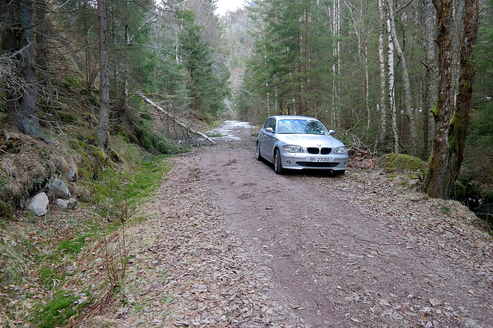 Hit og ikke lenger... Fant det best å parkere her. Lengre inn (i bakgrunnen) ble det en del is og snø i tillegg til mye kvist i veien.