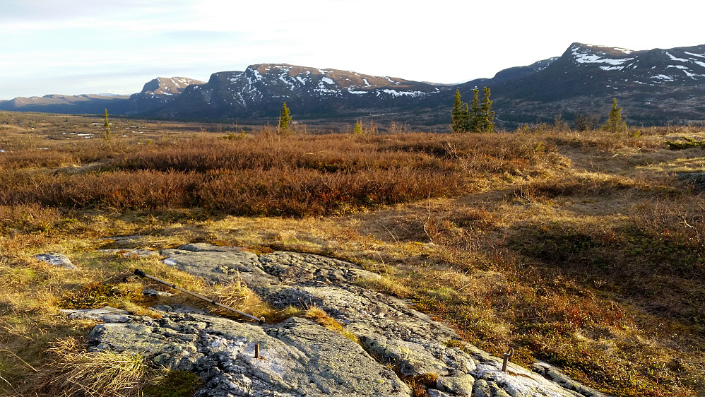 Trig.punktet på Kollenatten (1023) ses helt i forgrunnen. Bildet tatt mot sørvest. I bakgrunnen og omtrent midt i bildet, ses Bergshammaren (1263).